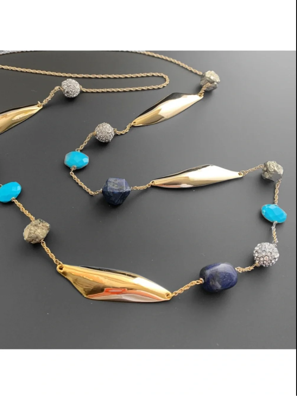 ALEXIS BITTAR NEW Gold Long Lapis Turquoise Pyrite Bead Chain  Gemstone Necklace